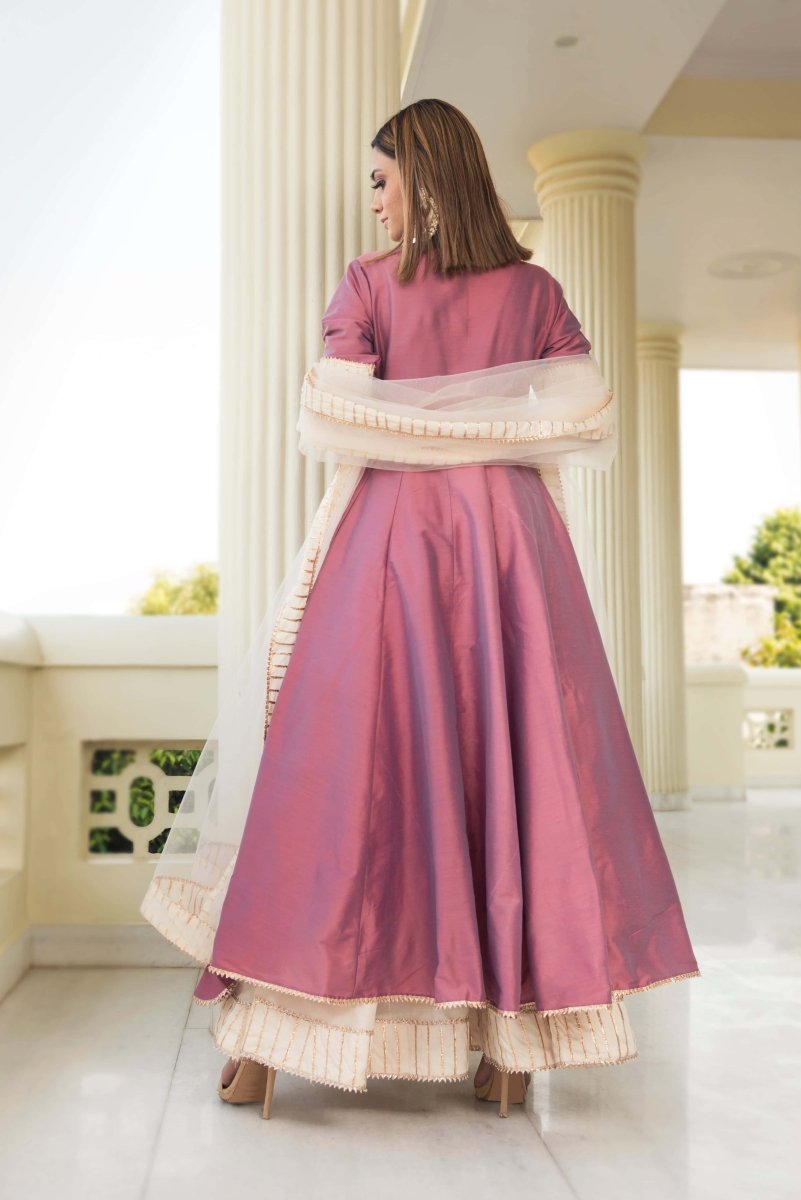COTTON SILK PURPLE ANGRAKHA WITH PLAZZO AND SOFT NET DUPATTA SET - Pomcha Jaipur