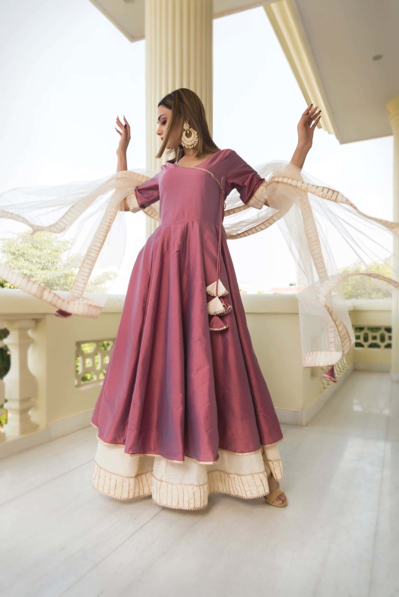 COTTON SILK PURPLE ANGRAKHA WITH PLAZZO AND SOFT NET DUPATTA SET - Pomcha Jaipur