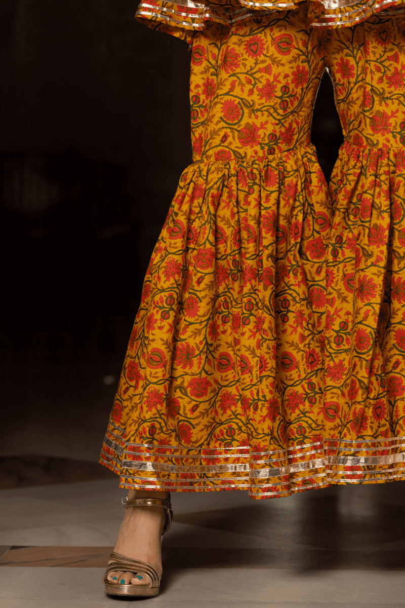 DARPAN MUSTARD YELLOW HAND BLOCK COTTON SHARARA SET - Pomcha Jaipur