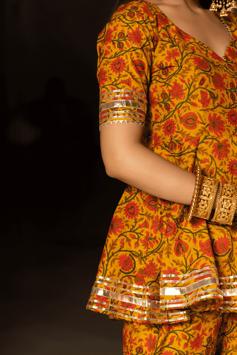 DARPAN MUSTARD YELLOW HAND BLOCK COTTON SHARARA SET - Pomcha Jaipur