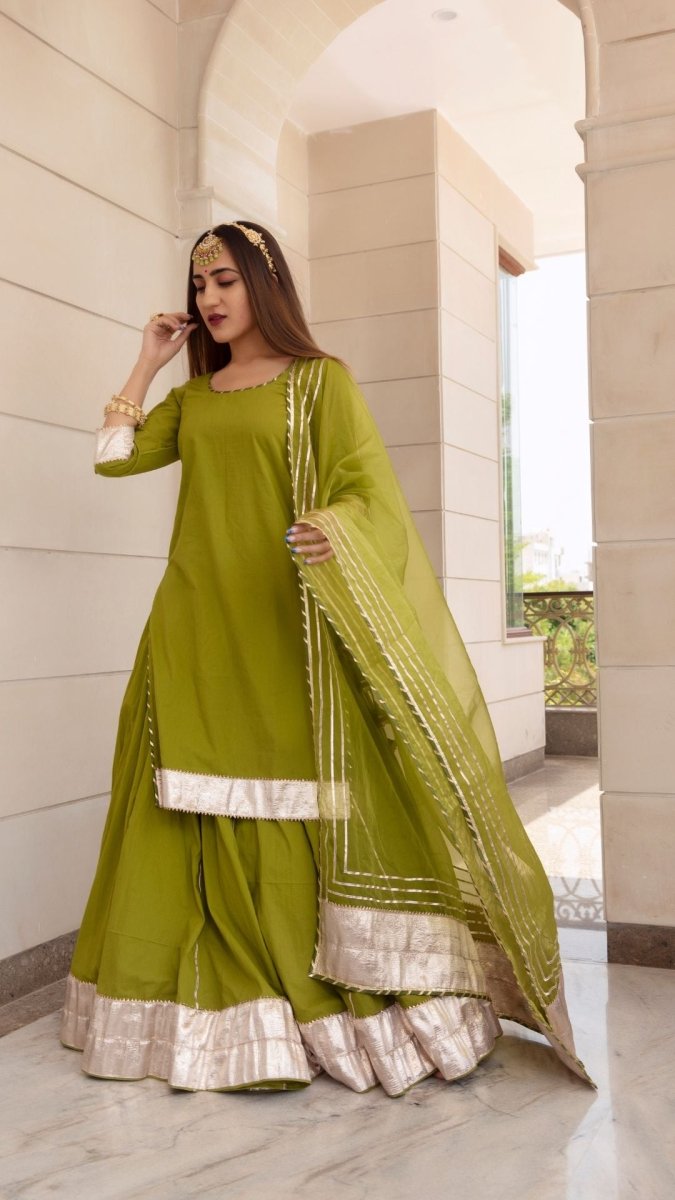 FALGUNI GREEN LONG KURTA SKIRT SET - Pomcha Jaipur