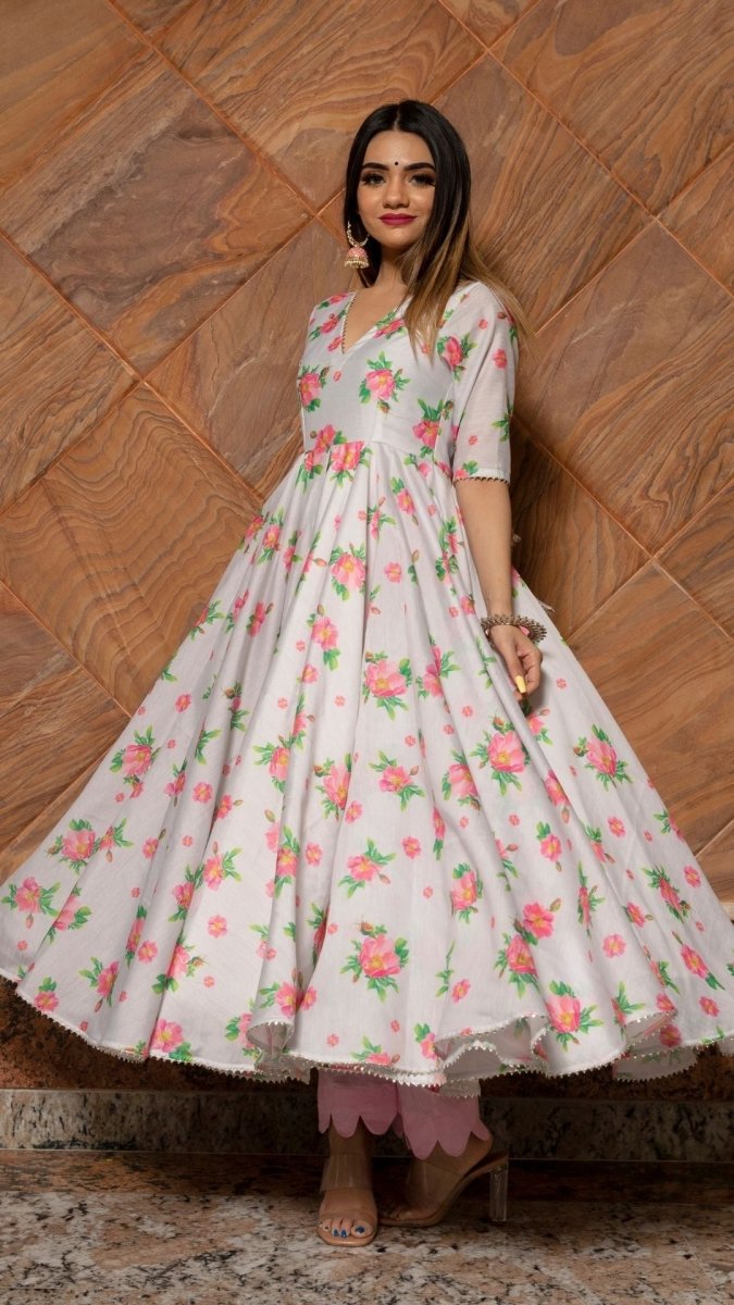 FLAMINGO CHANDERI SILK ANARKALI SET WITH SOFT NET DUPATTA - Pomcha Jaipur