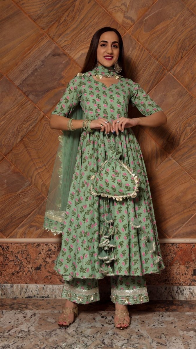 GREEN PAISELY COTTON HAND BLOCK ANARKALI SET - Pomcha Jaipur