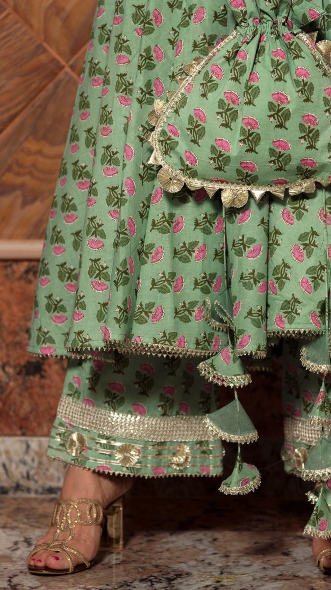 GREEN PAISELY COTTON HAND BLOCK ANARKALI SET - Pomcha Jaipur