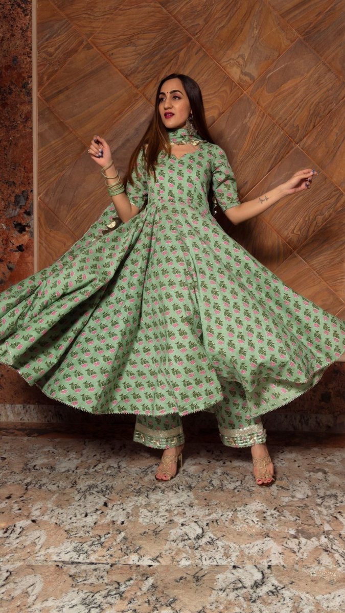 GREEN PAISELY COTTON HAND BLOCK ANARKALI SET - Pomcha Jaipur