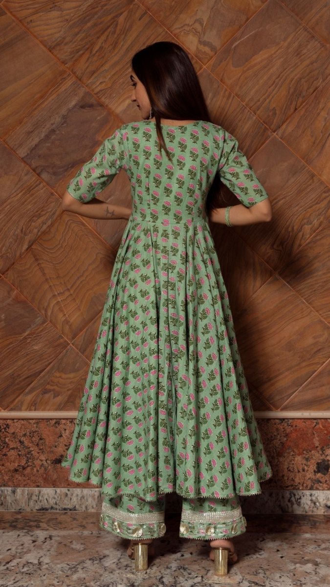 GREEN PAISELY COTTON HAND BLOCK ANARKALI SET - Pomcha Jaipur