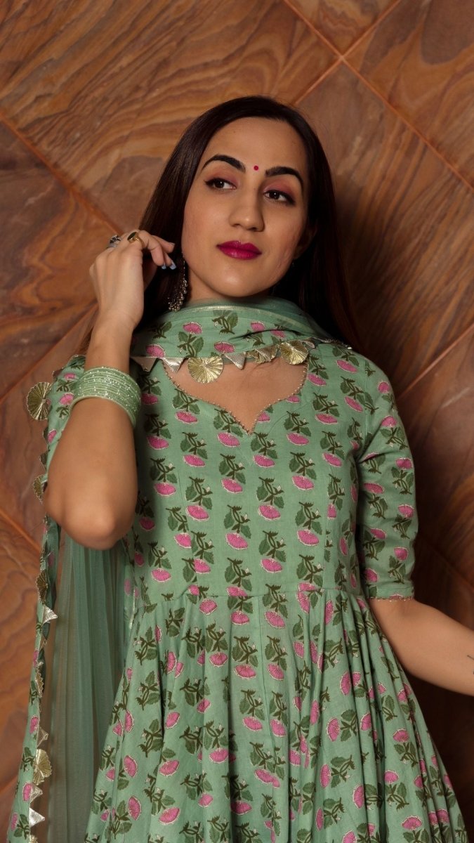 GREEN PAISELY COTTON HAND BLOCK ANARKALI SET - Pomcha Jaipur