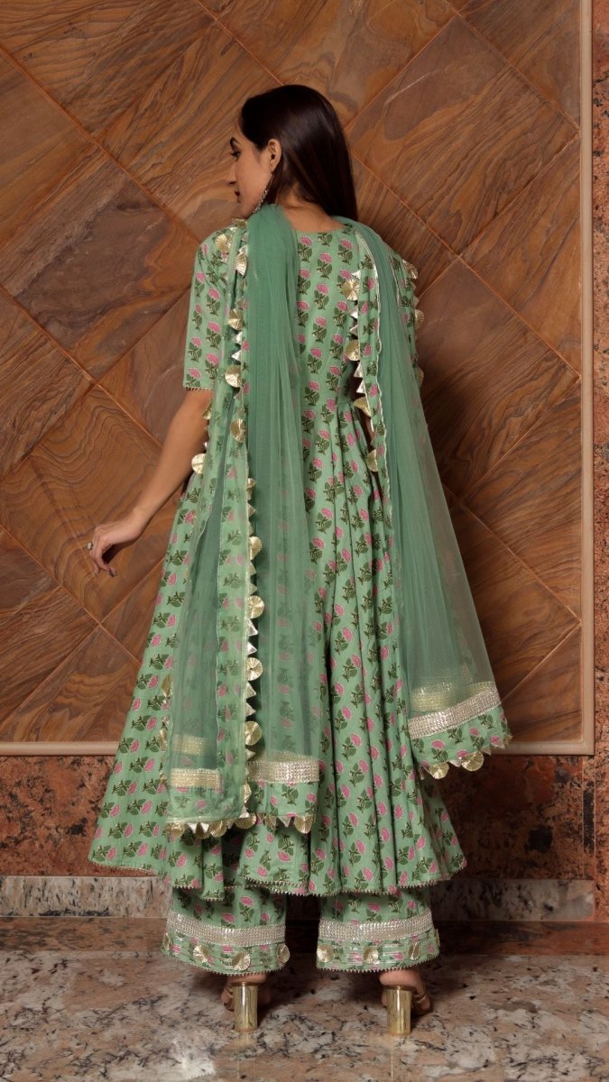 GREEN PAISELY COTTON HAND BLOCK ANARKALI SET - Pomcha Jaipur