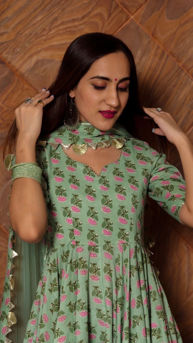 GREEN PAISELY COTTON HAND BLOCK ANARKALI SET - Pomcha Jaipur