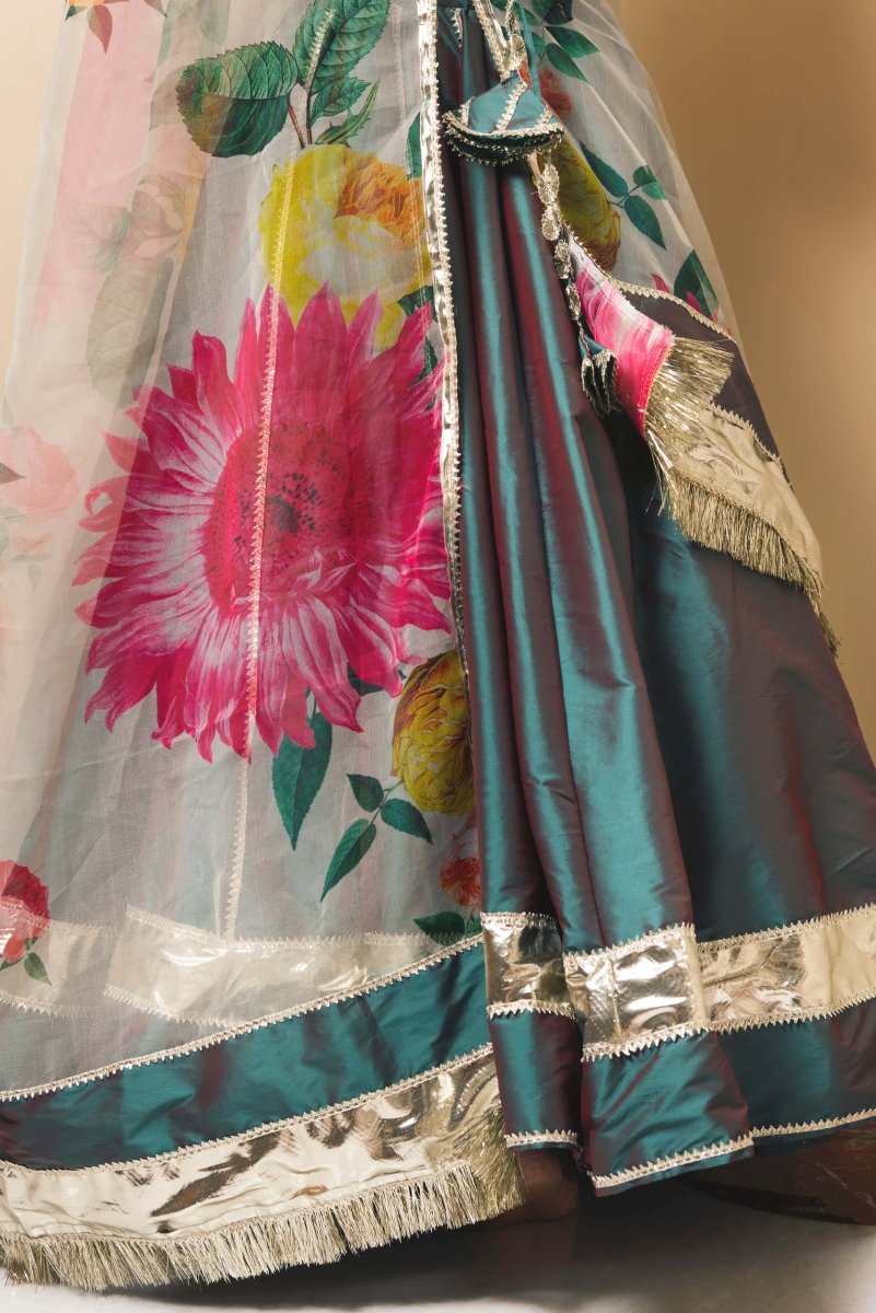 Green Taffeta Silk lappa work Lehenga with digital print organza dupatta set - Pomcha Jaipur