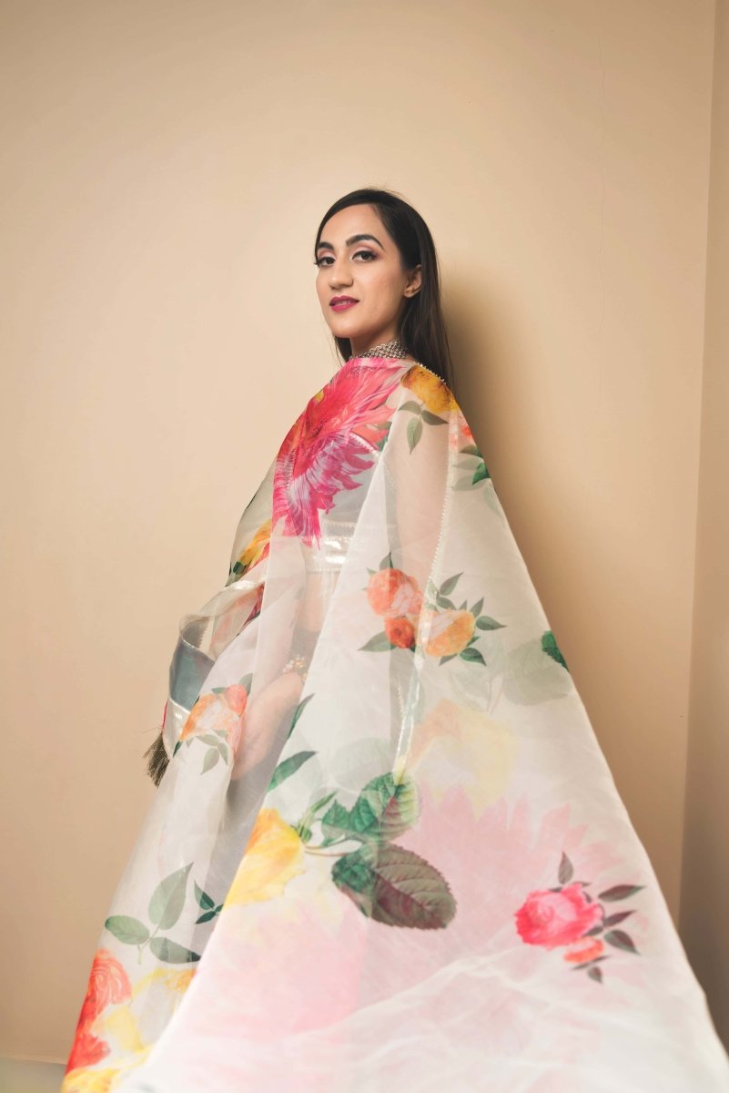 Green Taffeta Silk lappa work Lehenga with digital print organza dupatta set - Pomcha Jaipur