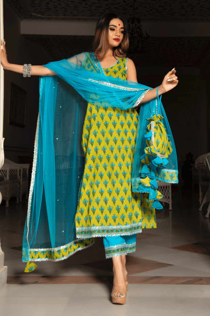 GULZAR BLUE HAND BLOCK COTTON KURTA SUIT SET WITH ORGANZA DUPATTA - Pomcha Jaipur