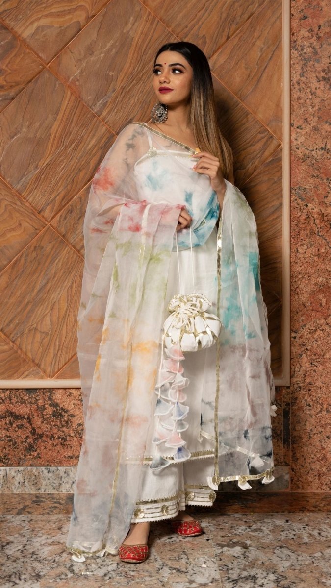 HOLI WHITE COTTON SUIT SET WITH ORGANZA DUPATTA - Pomcha Jaipur