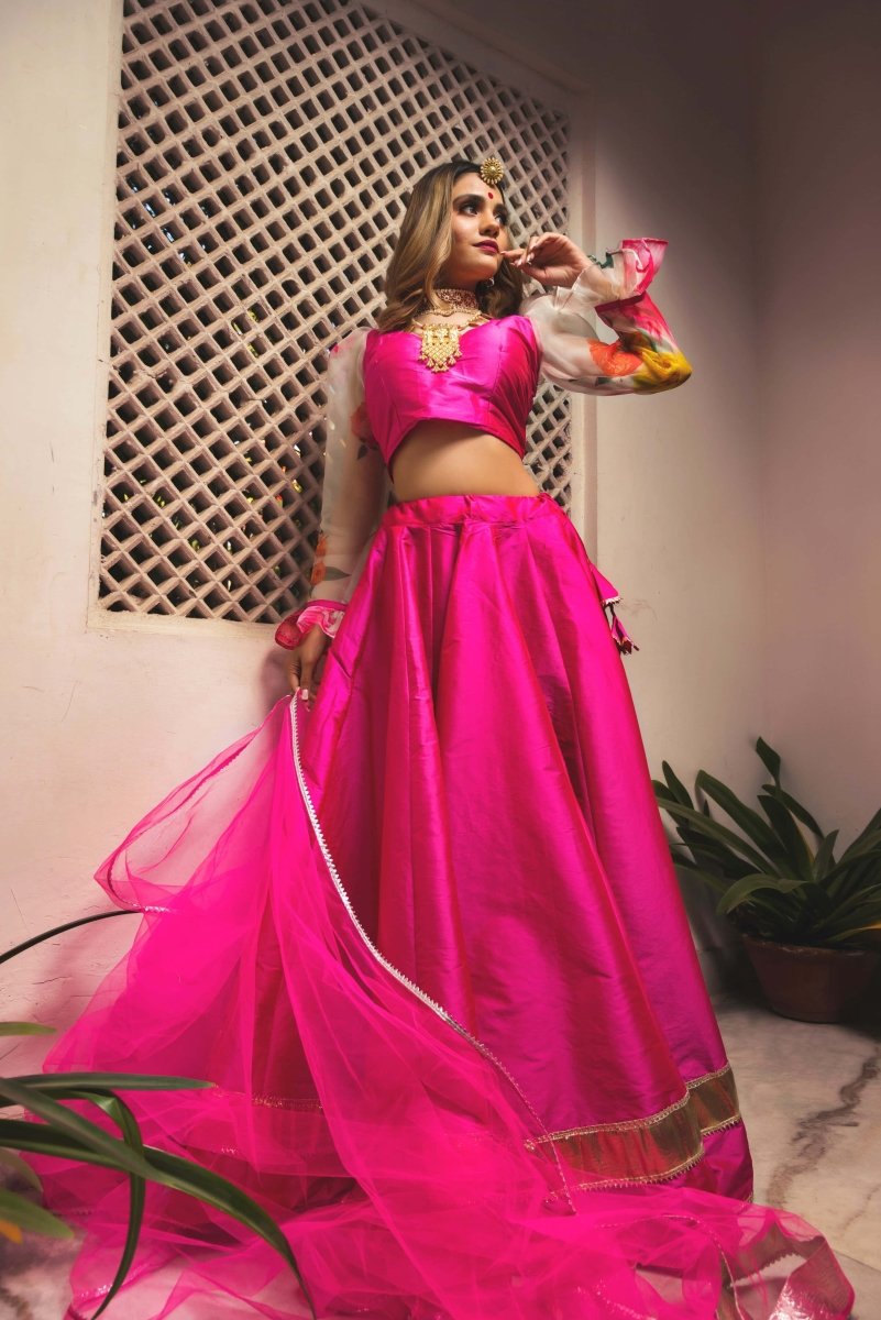 Hot Pink Taffeta silk Lehenga with soft net dupatta - Pomcha Jaipur