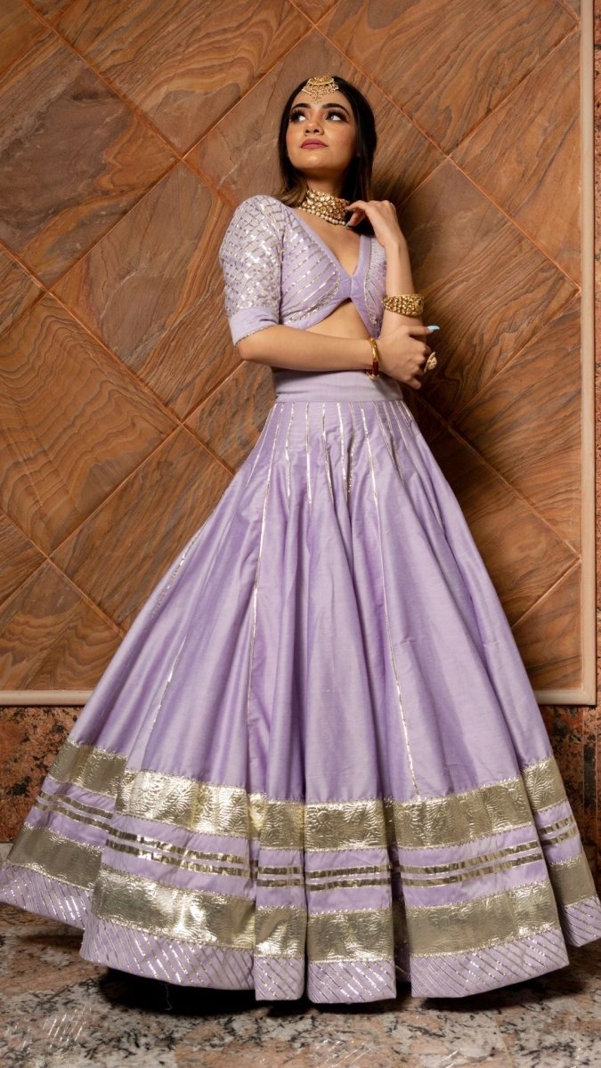 IBADAT LAVENDER COTTON SILK LEHENGA WITH LAPPA WORK AND ORGANZA JAAL WORK DUPATTA SET - Pomcha Jaipur