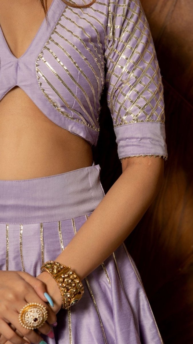 IBADAT LAVENDER COTTON SILK LEHENGA WITH LAPPA WORK AND ORGANZA JAAL WORK DUPATTA SET - Pomcha Jaipur