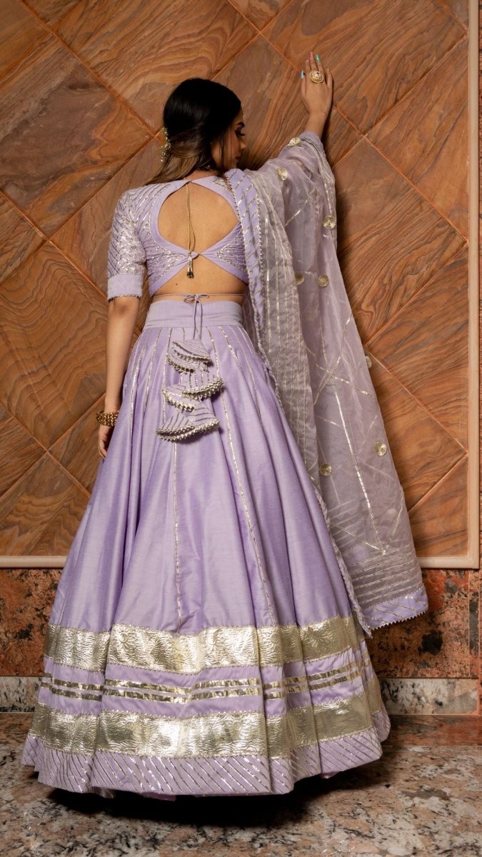 IBADAT LAVENDER COTTON SILK LEHENGA WITH LAPPA WORK AND ORGANZA JAAL WORK DUPATTA SET - Pomcha Jaipur