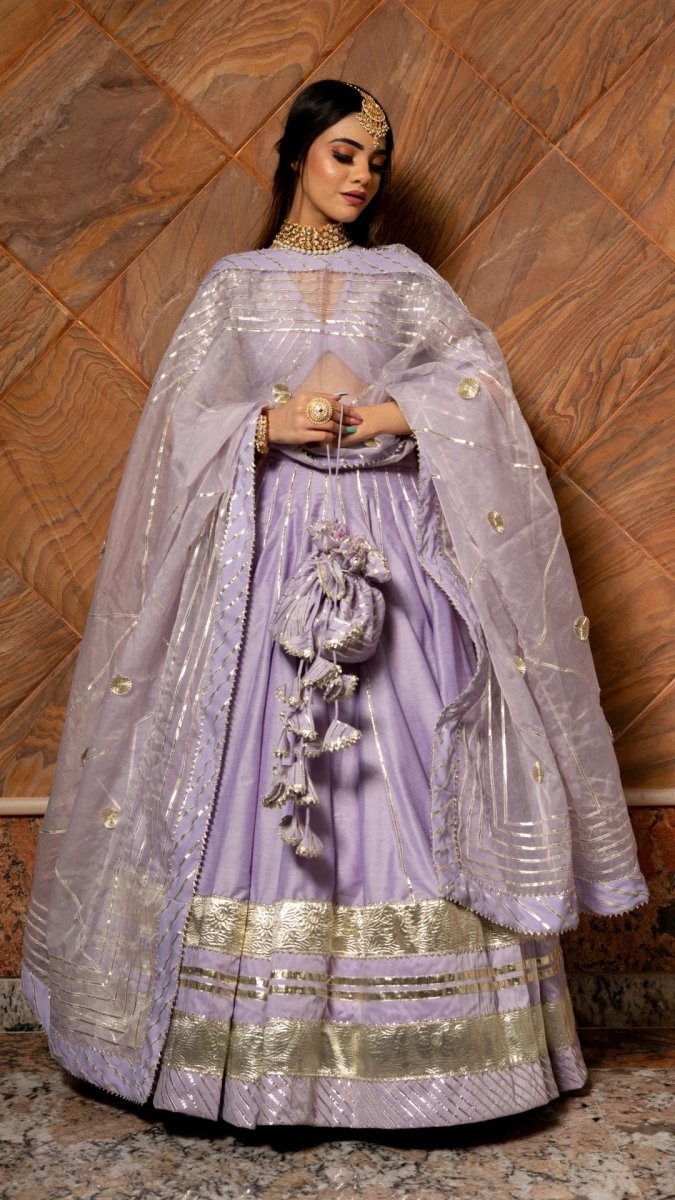 IBADAT LAVENDER COTTON SILK LEHENGA WITH LAPPA WORK AND ORGANZA JAAL WORK DUPATTA SET - Pomcha Jaipur