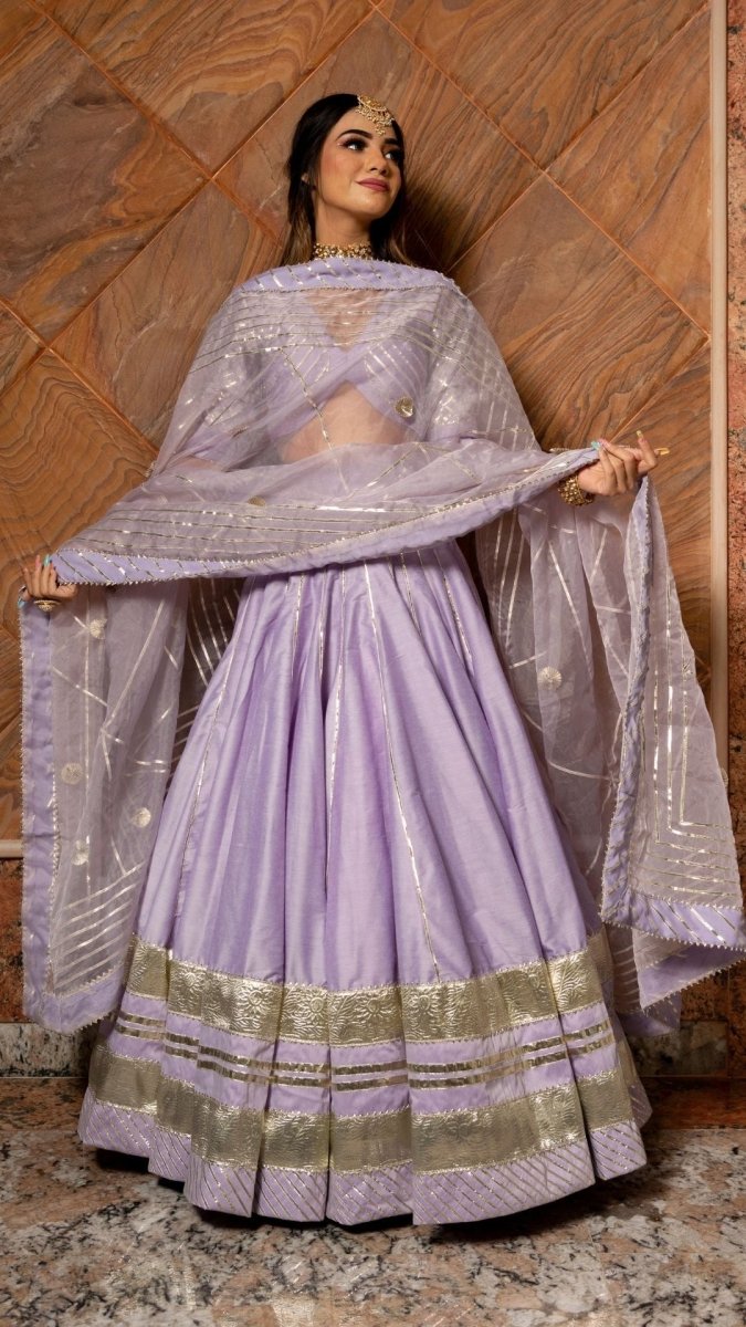 IBADAT LAVENDER COTTON SILK LEHENGA WITH LAPPA WORK AND ORGANZA JAAL WORK DUPATTA SET - Pomcha Jaipur