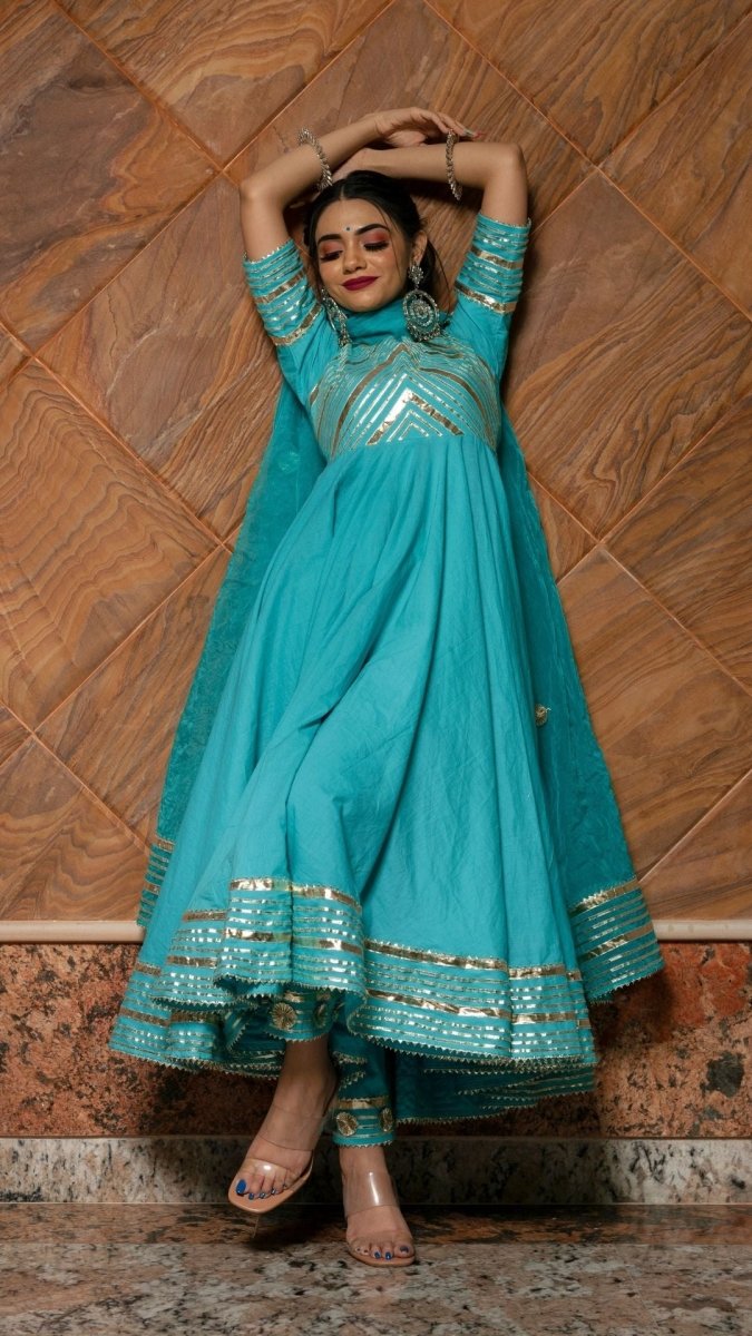 INAYAT BLUE COTTON ANARKALI SET WITH ORGANZA DUPATTA - Pomcha Jaipur