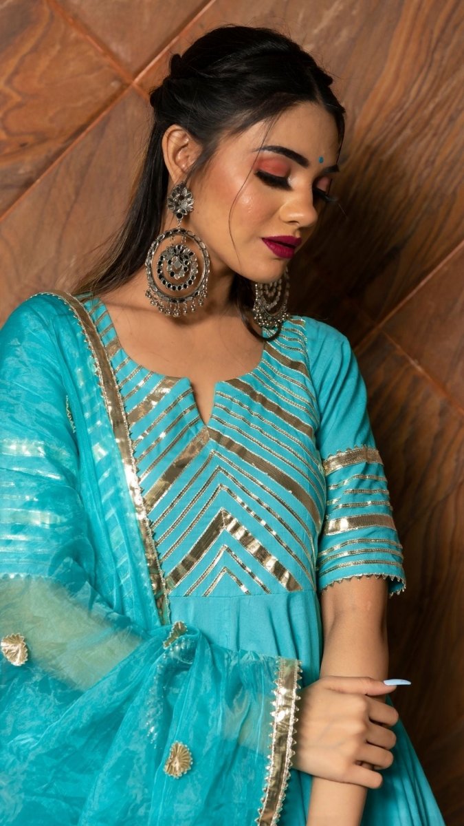 INAYAT BLUE COTTON ANARKALI SET WITH ORGANZA DUPATTA - Pomcha Jaipur