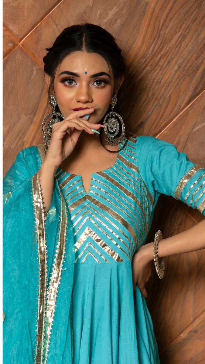 INAYAT BLUE COTTON ANARKALI SET WITH ORGANZA DUPATTA - Pomcha Jaipur