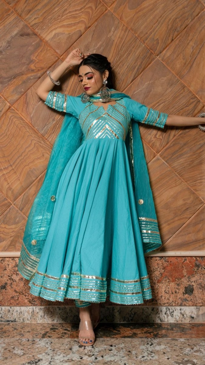 INAYAT BLUE COTTON ANARKALI SET WITH ORGANZA DUPATTA - Pomcha Jaipur