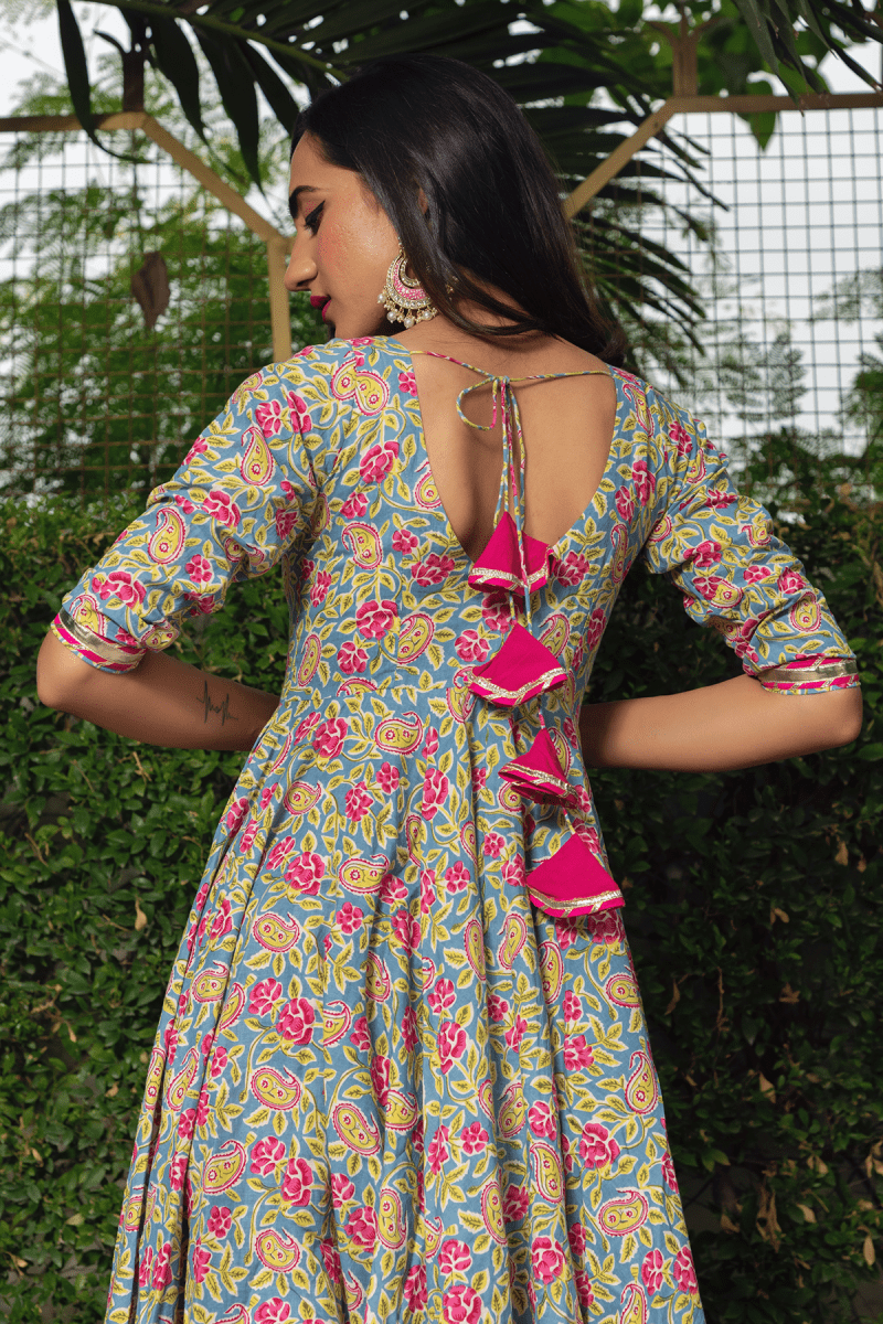 JAIPURI HAND BLOCK COTTON ANARKALI SET WITH SOFT NET DUPATTA - Pomcha Jaipur