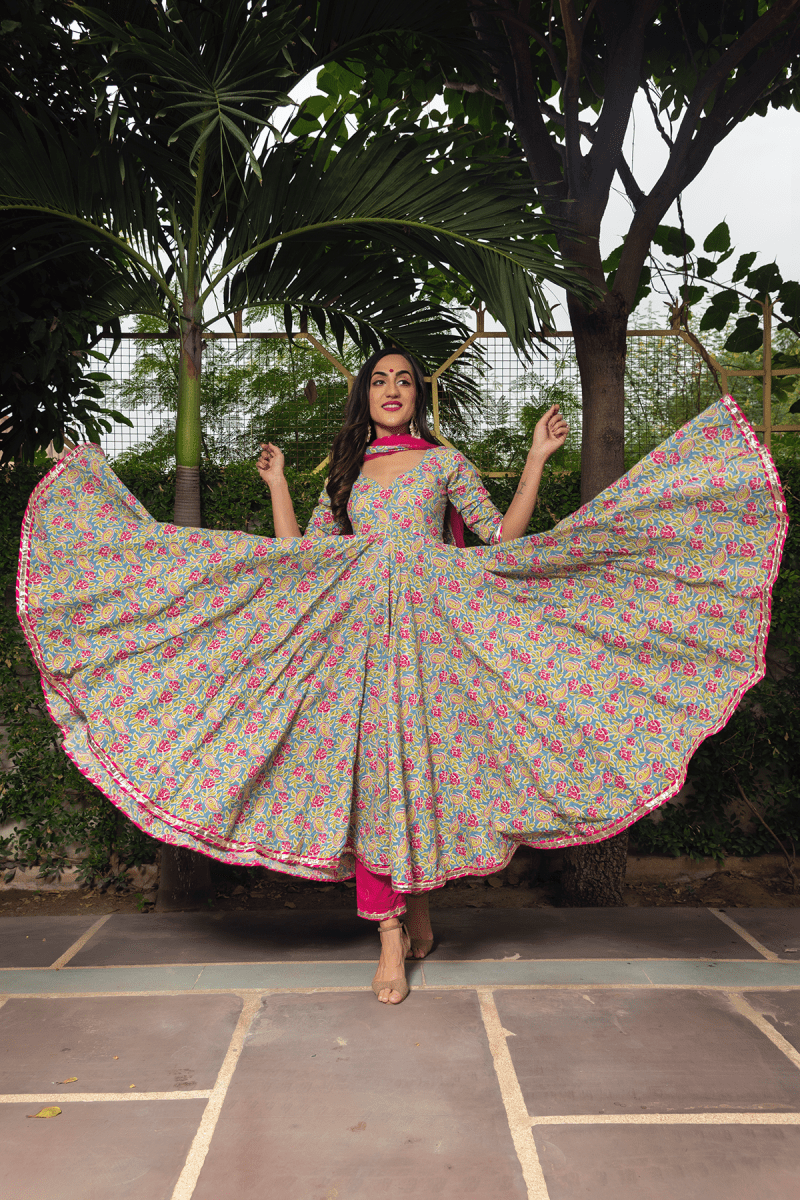 JAIPURI HAND BLOCK COTTON ANARKALI SET WITH SOFT NET DUPATTA - Pomcha Jaipur
