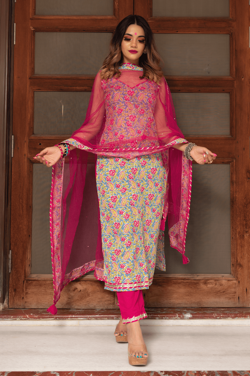 JAIPURI STRAIGHT COTTON SUIT SET - Pomcha Jaipur