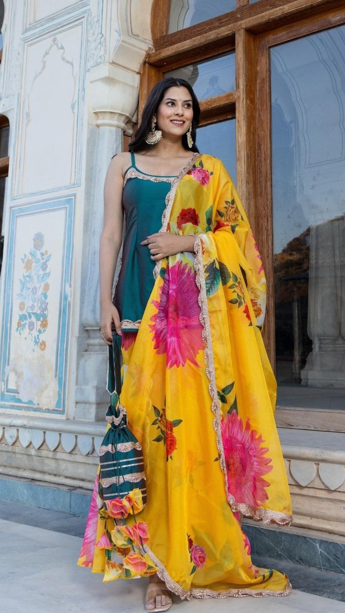 JHILMIL GREEN YELLOW SHARARA SET - Pomcha Jaipur
