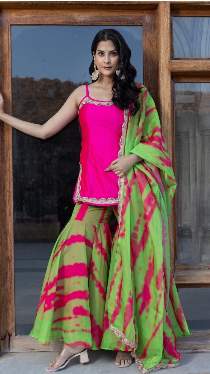JHILMIL PINK GREEN SHARARA SET - Pomcha Jaipur