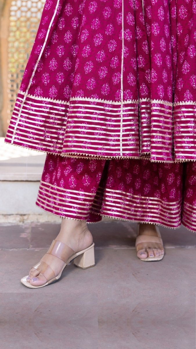 JUMARI COTTON HAND BLOCK PRINT BOOTI ANARKALI SET WITH JAAL WORK DUPATTA - Pomcha Jaipur