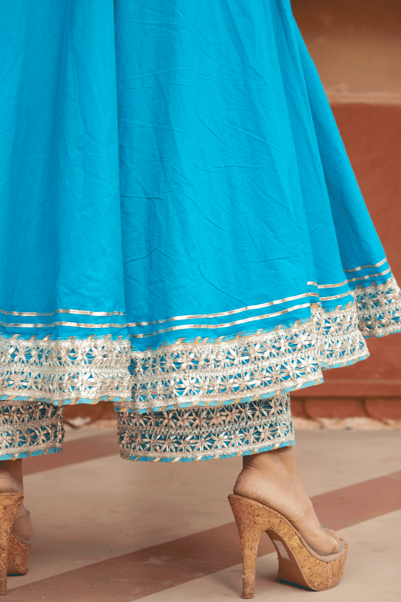 KALAMKARI BLUE PURE COTTON ANARKALI SET WITH SOFT NET DUPATTA - Pomcha Jaipur