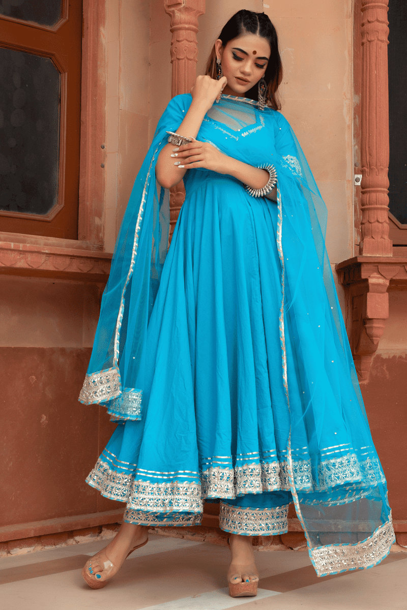 KALAMKARI BLUE PURE COTTON ANARKALI SET WITH SOFT NET DUPATTA - Pomcha Jaipur