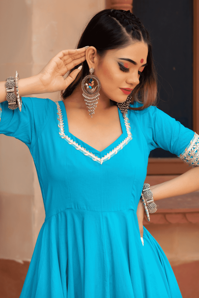 KALAMKARI BLUE PURE COTTON ANARKALI SET WITH SOFT NET DUPATTA - Pomcha Jaipur