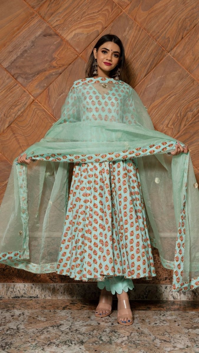 LILLY OF VALLEY HAND BLOCK ANARKALI SET WITH ORGANZA DUPATTA - Pomcha Jaipur