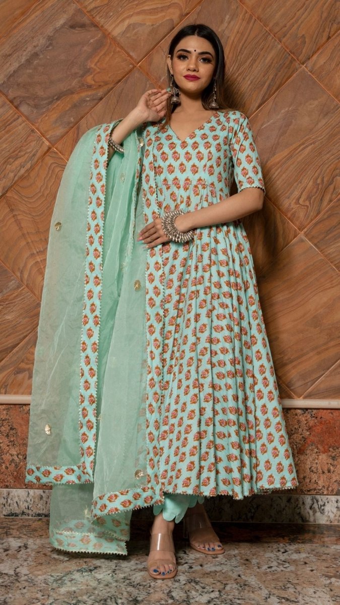 LILLY OF VALLEY HAND BLOCK ANARKALI SET WITH ORGANZA DUPATTA - Pomcha Jaipur