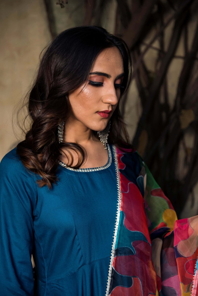 LILY BLUE RAYON ANARKALI WITH ORGANZA DUPATTA - Pomcha Jaipur