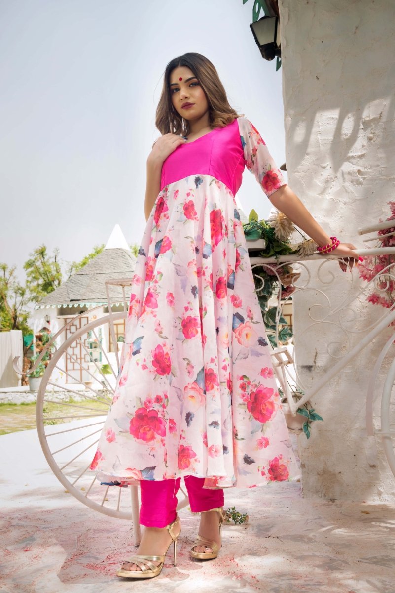 LOTUS HOT PINK MODAL CHENDERI SILK ANARKALI WITH ORGANZA DUPATTA SET - Pomcha Jaipur
