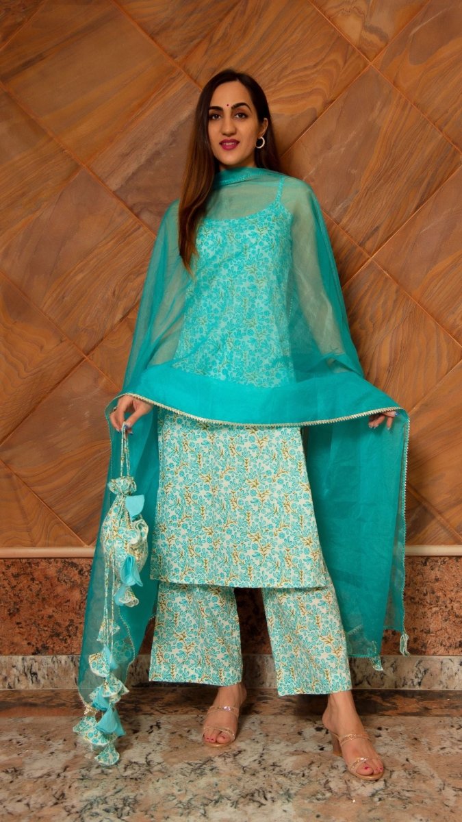 MAGAN BLUE COTTON SUIT SET - Pomcha Jaipur