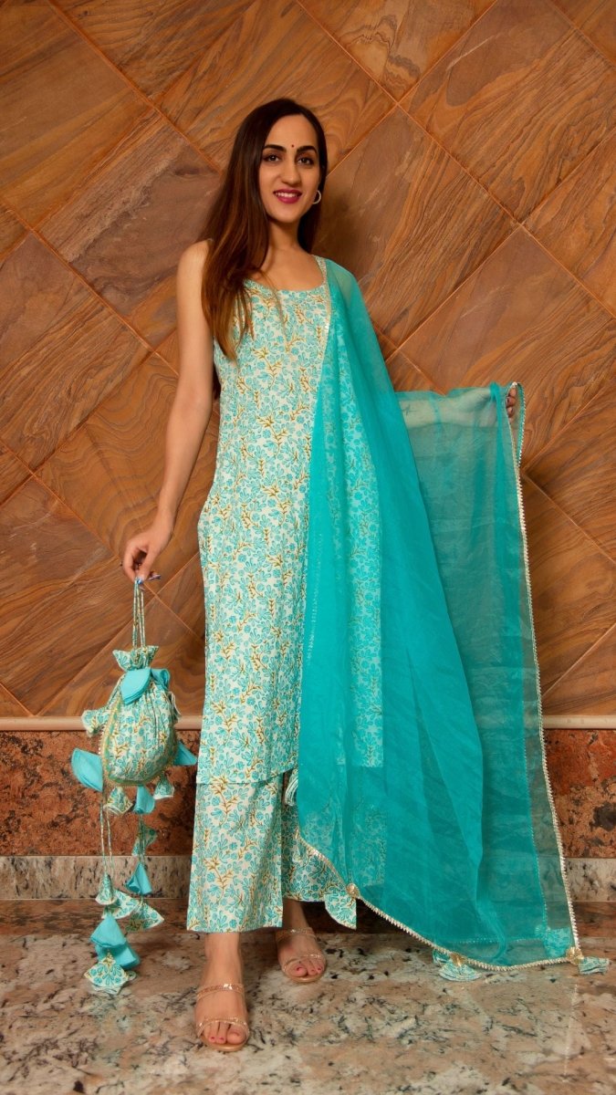 MAGAN BLUE COTTON SUIT SET - Pomcha Jaipur