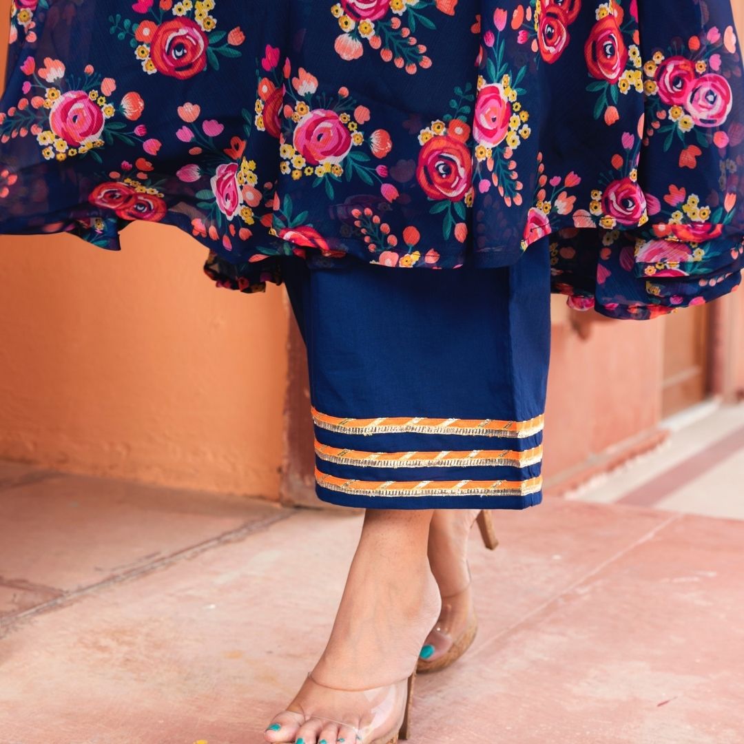 MANJARI BLUE ORGANZA PHOOL JAAL ANARKALI SET WITH ORGANZA DUPATTA - Pomcha Jaipur