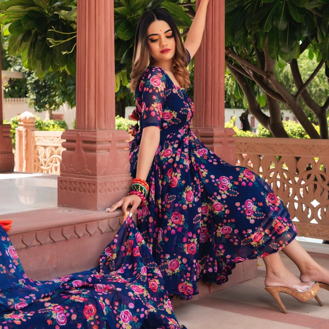 MANJARI BLUE ORGANZA PHOOL JAAL ANARKALI SET WITH ORGANZA DUPATTA - Pomcha Jaipur