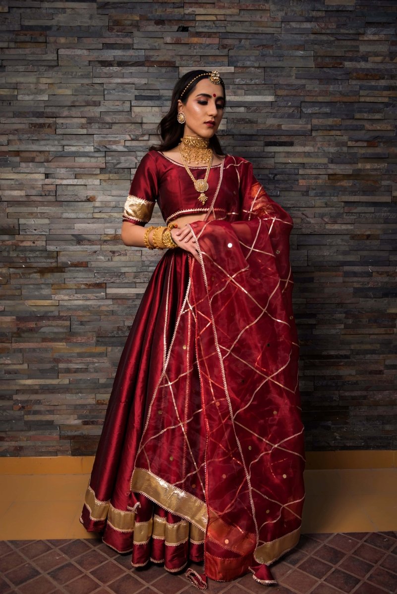 maroon Taffeta Silk lappa work Lehenga with jaal work organza dupatta set - Pomcha Jaipur