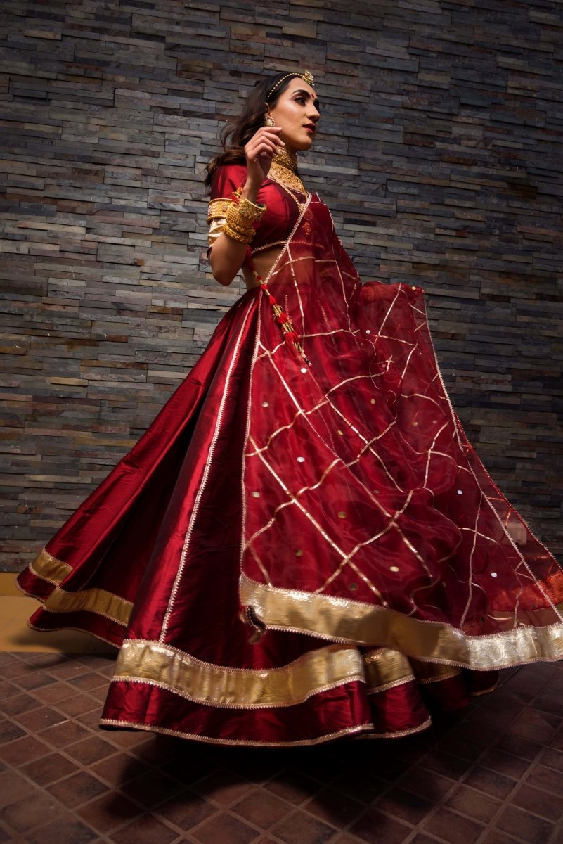 maroon Taffeta Silk lappa work Lehenga with jaal work organza dupatta set - Pomcha Jaipur