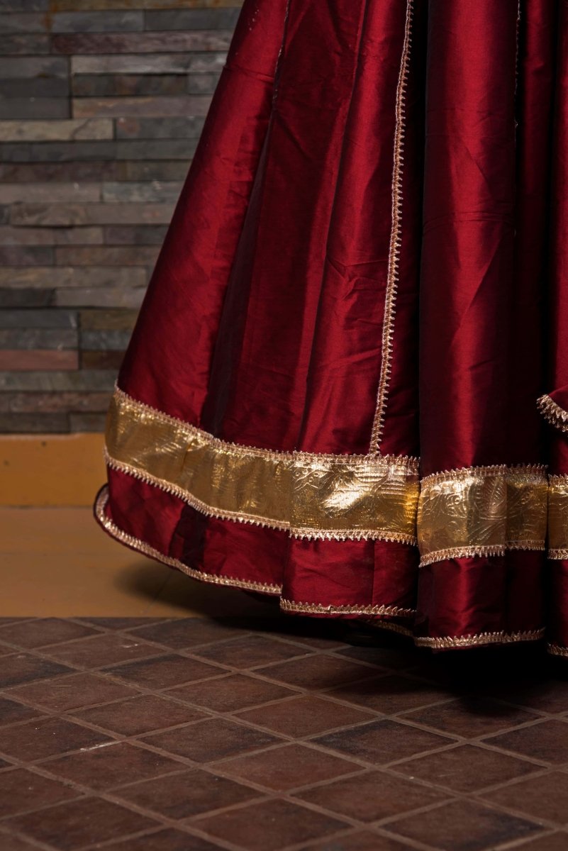 maroon Taffeta Silk lappa work Lehenga with jaal work organza dupatta set - Pomcha Jaipur