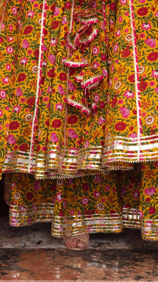 MASTANI YELLOW COTTON HAND BLOCK PRINT ANARKALI PLAZO SET WITH ORGANZA DUPATTA - Pomcha Jaipur