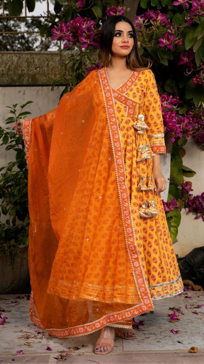 MEHAR LIGHT BROWN HAND BLOCK ANGRAKHA SET - Pomcha Jaipur