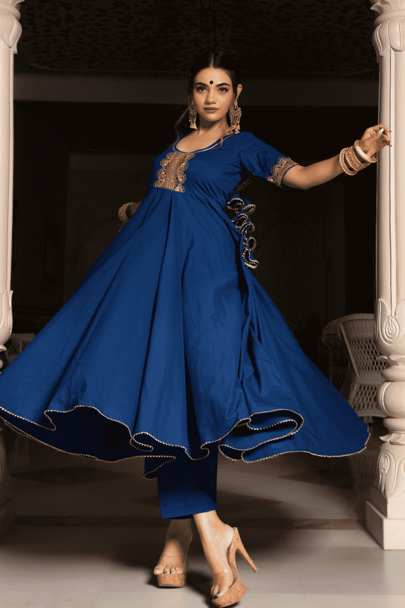 MINAKARI BLUE COTTON ANARKALI SET WITH EMBROIDERY LACE SOFT NET DUPATTA - Pomcha Jaipur